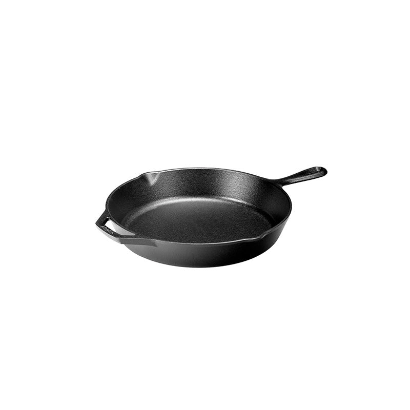 Cast iron skillet with one long handle and one assist handle on opposite side, there's a pour spout on the left and right side.