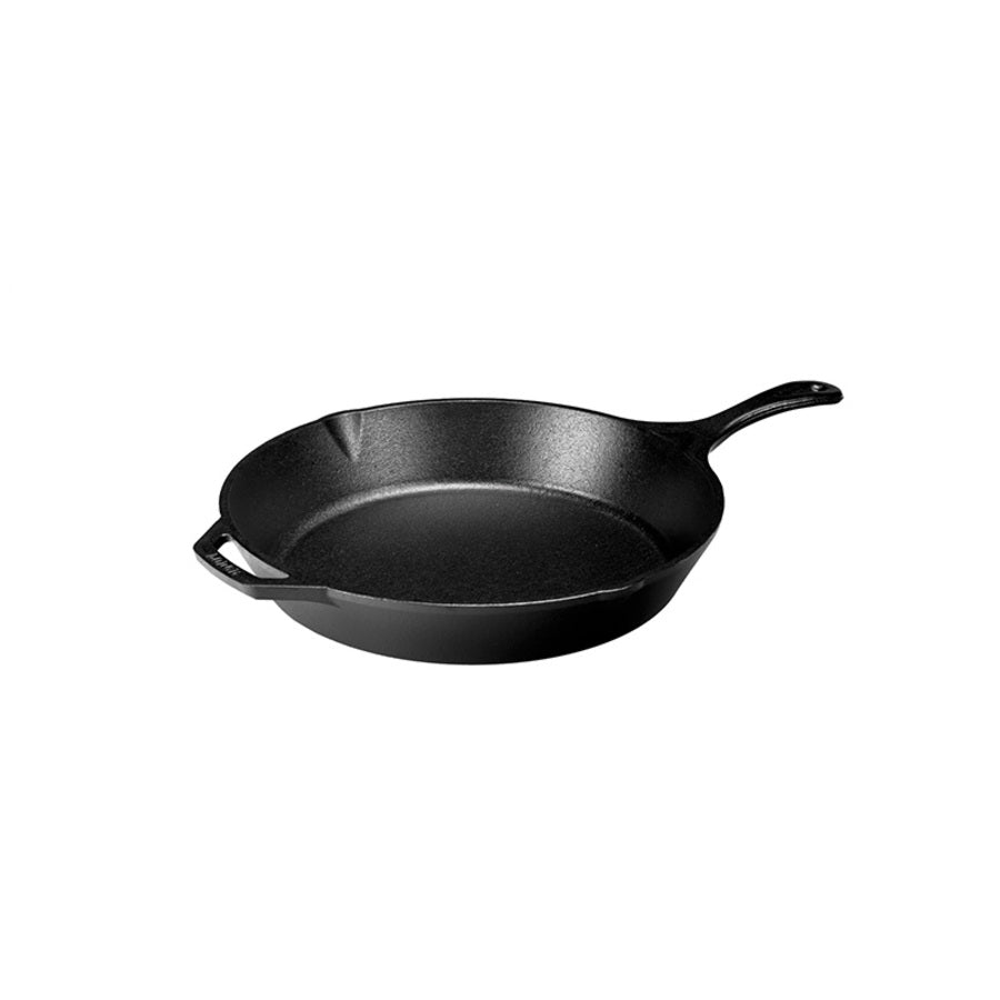 Cast iron skillet with one long handle and one assist handle on opposite side, there's a pour spout on the left and right side.