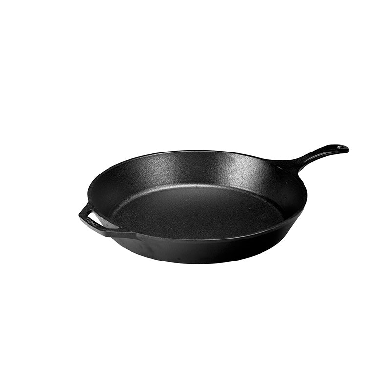 Cast iron skillet with one long handle and one assist handle on opposite side, there's a pour spout on the left and right side.