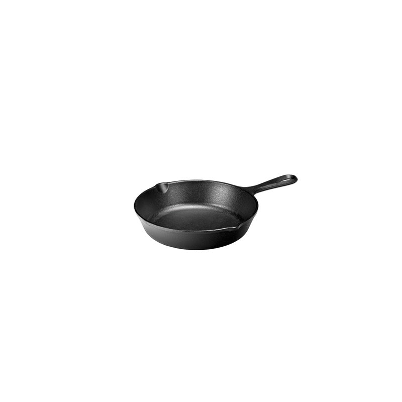 Cast iron skillet with one long handle,  there's a pour spout on the left and right side.