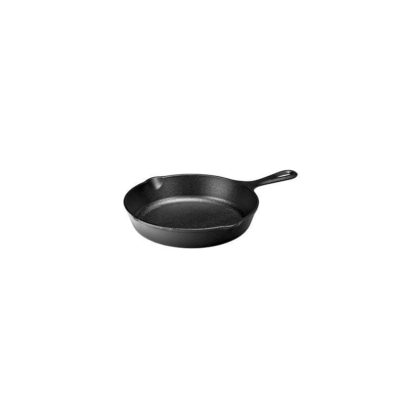 Cast iron skillet with one long handle, there's a pour spout on the left and right side.