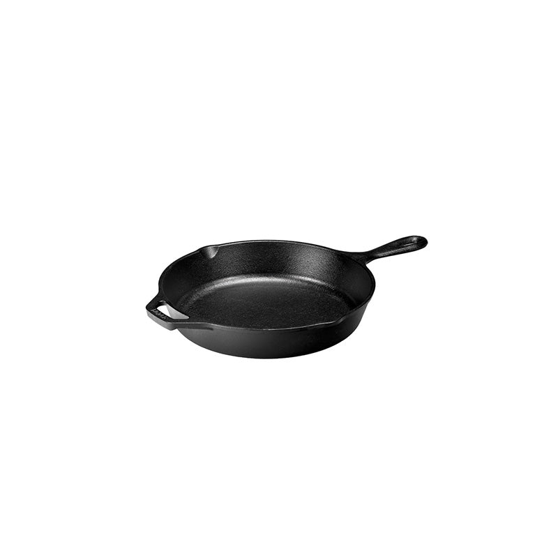 Cast iron skillet with one long handle and one assist handle on opposite side, there's a pour spout on the left and right side.