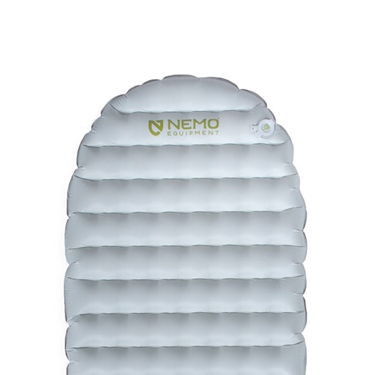 The NEMO Equipment Tensor™ Elite Ultralight Insulated Sleeping Pad is a gray pad with horizontal air chambers and a valve, featuring the NEMO logo—an ideal ultralight choice for backpacking adventures.