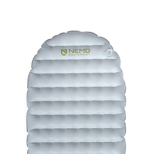 The NEMO Equipment Tensor™ Elite Ultralight Insulated Sleeping Pad is a gray pad with horizontal air chambers and a valve, featuring the NEMO logo—an ideal ultralight choice for backpacking adventures.
