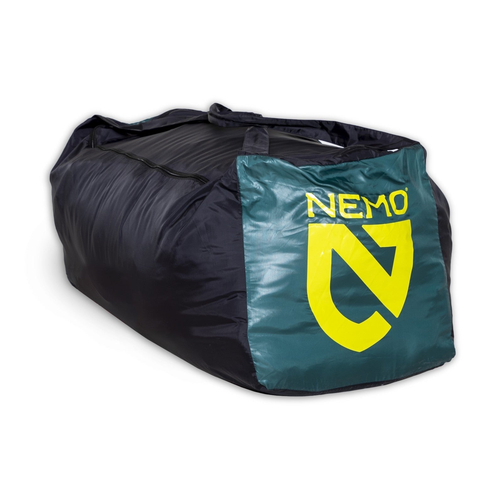 A spacious black duffel bag with a green end panel and yellow NEMO Equipment logo, ideal for carrying your Jazz™ Double Synthetic Sleeping Bag, and equipped with two sturdy handles.