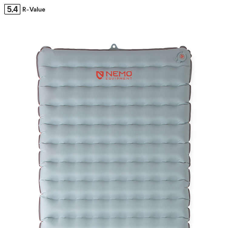 Light blue rectangular NEMO Equipment Tensor™ All-Season Ultralight Insulated Sleeping Pad with Spaceframe™ baffles. R-value 5.4 shown in the top left; part of the Tensor All-Season series.
