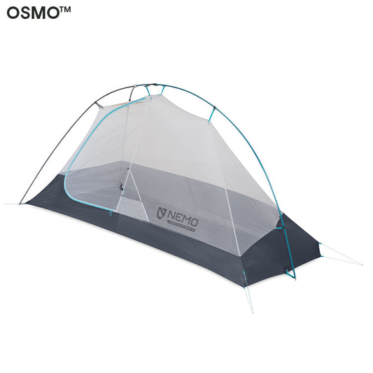 The Hornet™ Elite OSMO™ Ultralight Backpacking Tent by NEMO Equipment is a lightweight, single-person tent with thin blue poles, partial black base, OSMO fabric, and the "NEMO" logo on the side.