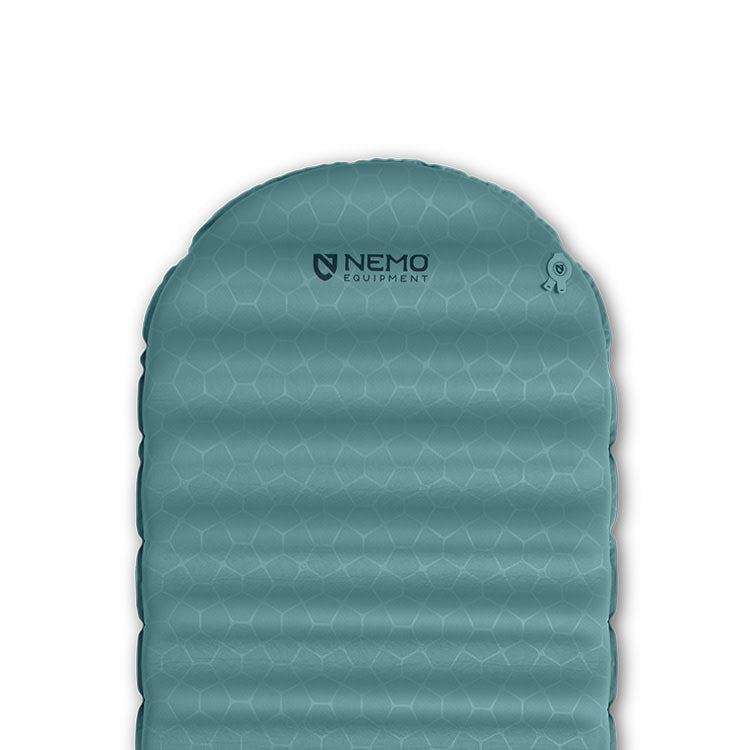 The Flyer™ Cloud Self-Inflating Sleeping Pad by NEMO Equipment features a teal color, hexagonal pattern, and logo at the top—ideal for comfortable backcountry camping.