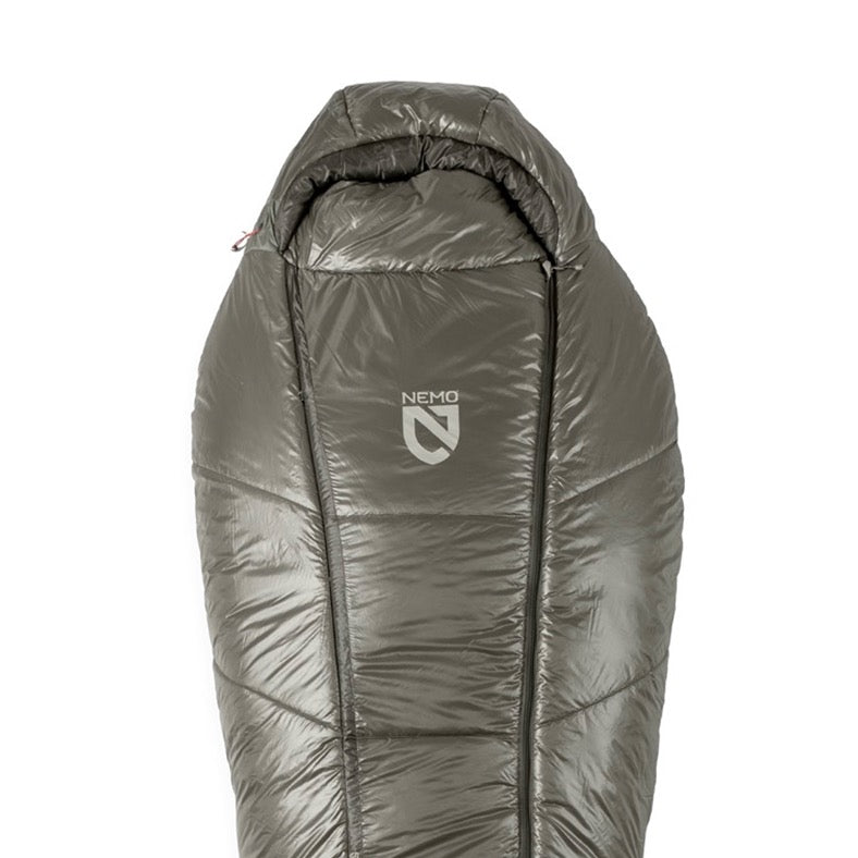 A gray NEMO Equipment Soul™ Endless Promise® Synthetic Mummy Sleeping Bag with hood and recycled synthetic insulation is shown against a white background.