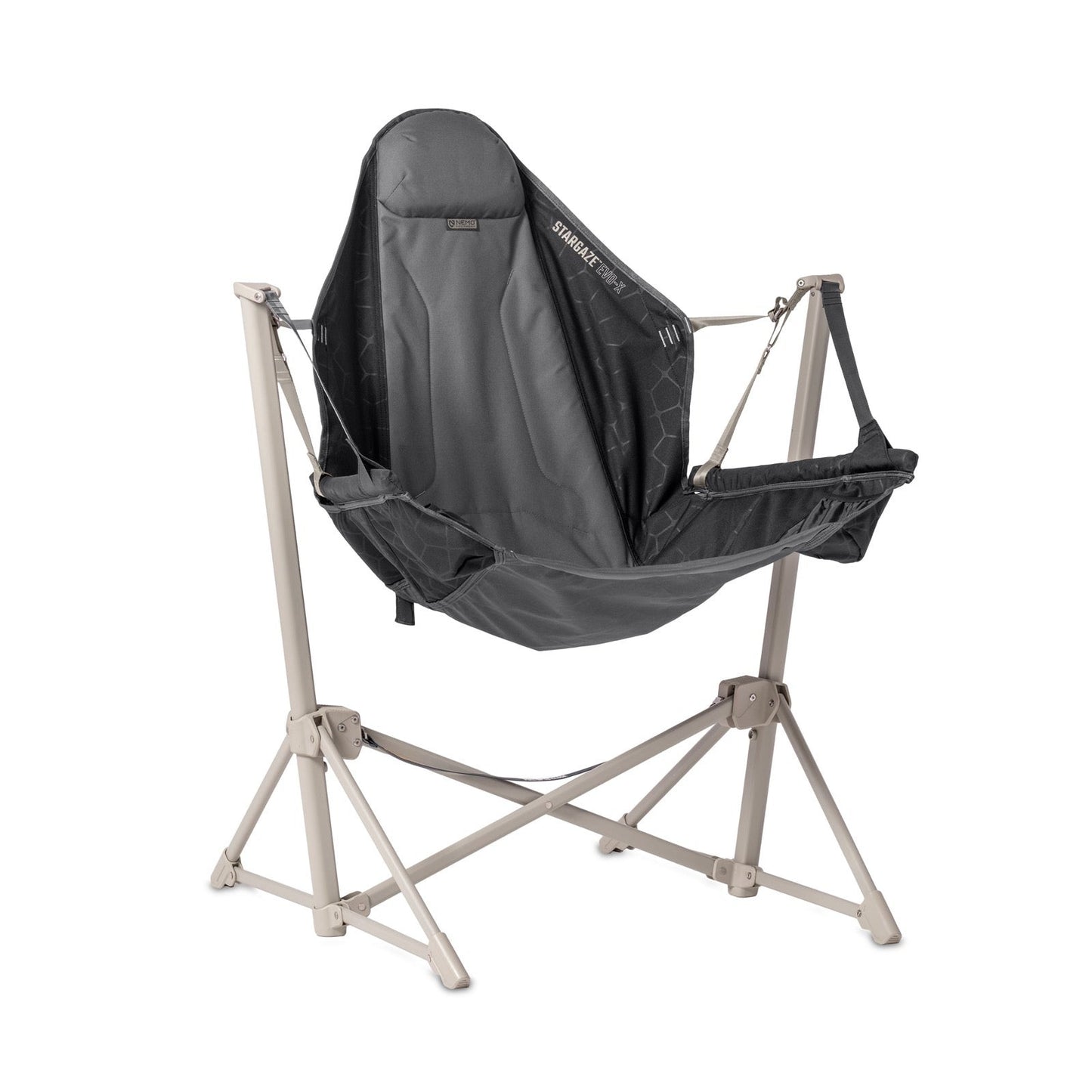 The NEMO Equipment Stargaze™ EVO-X Folding Reclining Camp Chair features a foldable, portable design with a gray fabric seat and light metal frame, offering luxury comfort for camping and displayed against a white background.