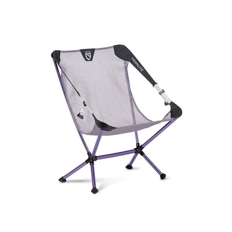 The NEMO Equipment Moonlite™ Reclining Camp Chair features a lightweight purple frame, mesh seat, and black fabric accents, providing comfort and style for any adventure. Shown isolated on a white background.