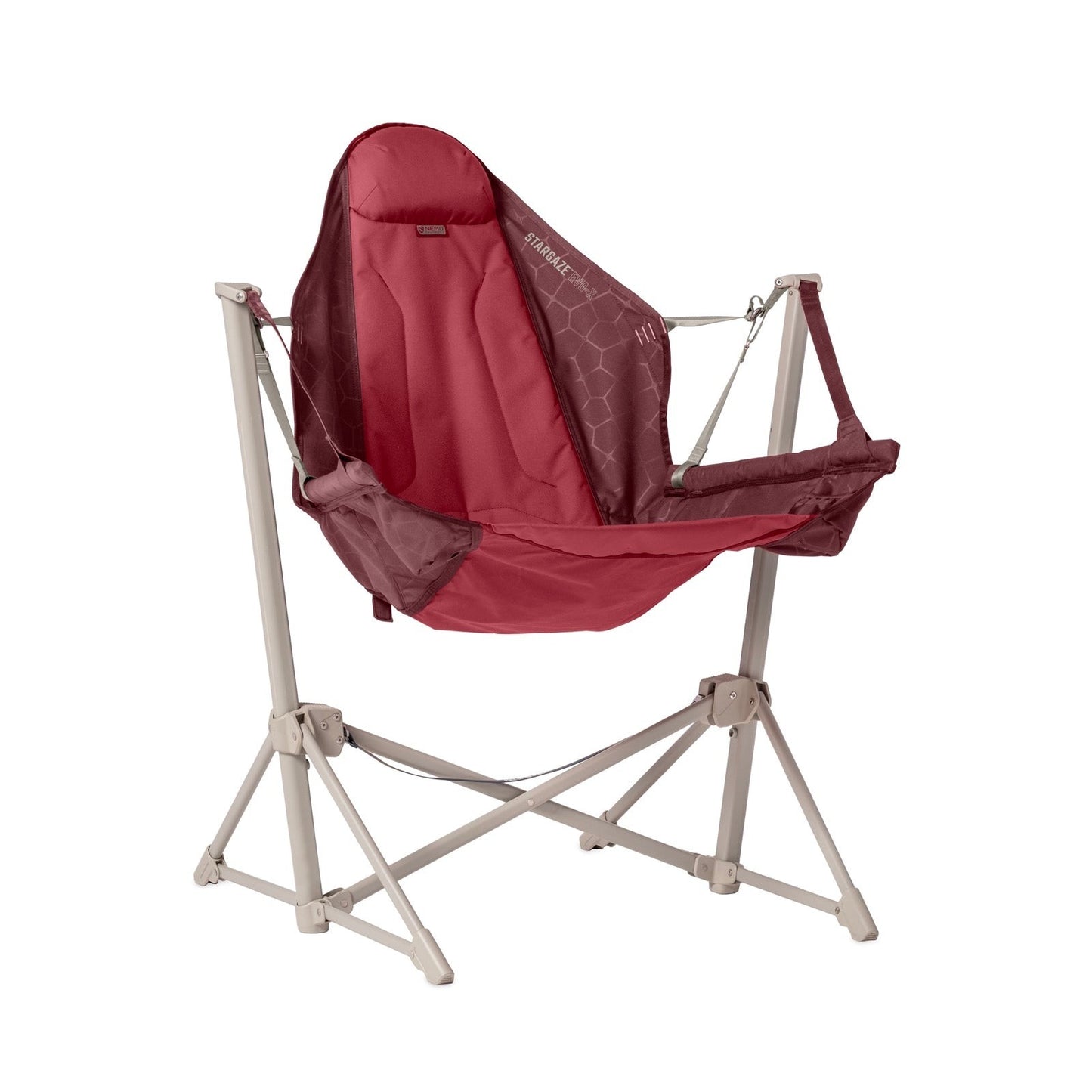 The NEMO Equipment Stargaze™ EVO-X Folding Reclining Camp Chair is a luxury portable outdoor chair with a red fabric seat and backrest, supported by a beige metal frame, perfect for camping.