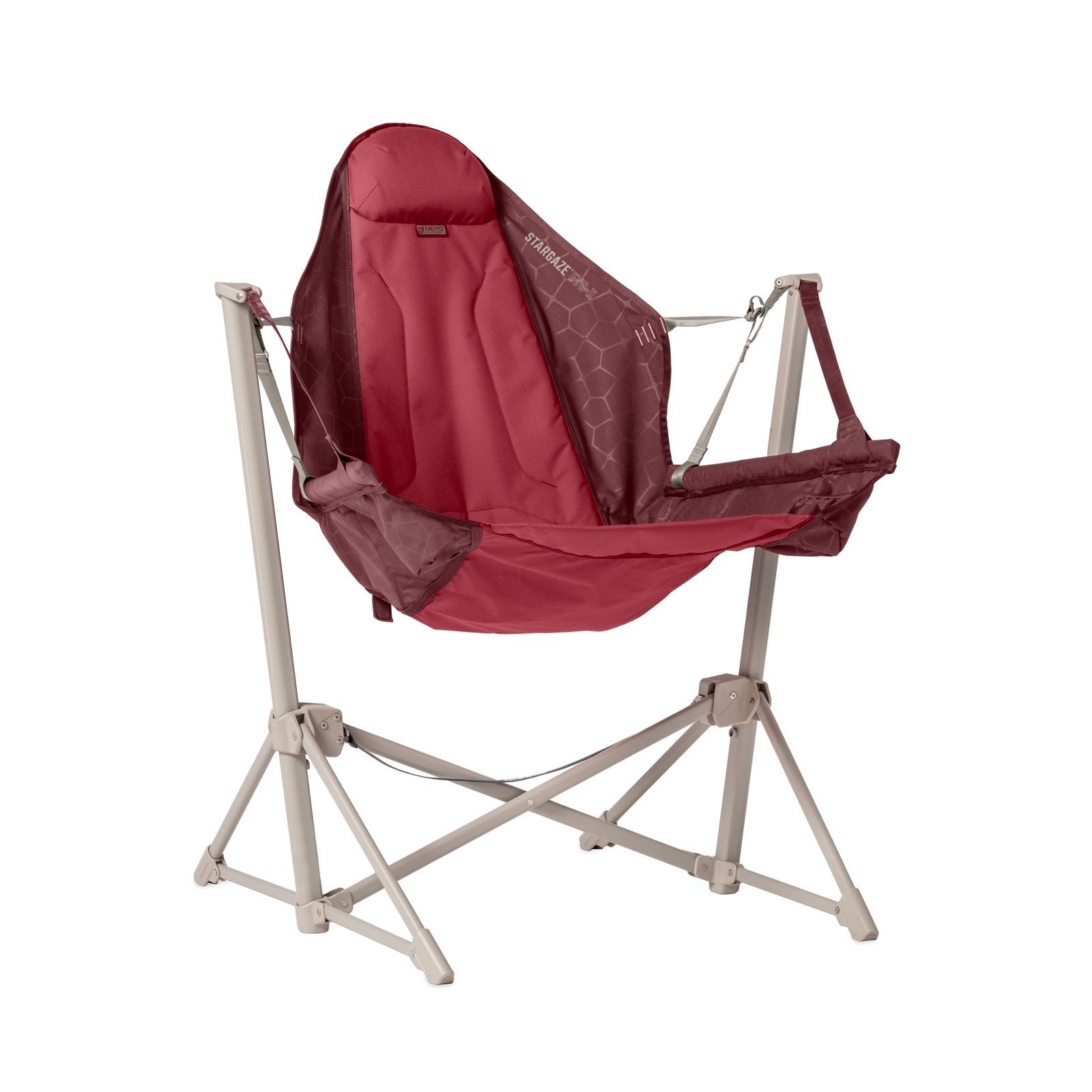 The NEMO Equipment Stargaze™ EVO-X Folding Reclining Camp Chair is a luxury portable outdoor chair with a red fabric seat and backrest, supported by a beige metal frame, perfect for camping.