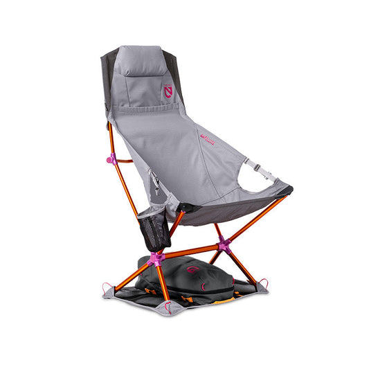 The NEMO Equipment Satellite™ Reclining Anywhere Chair is a gray and orange portable seat with full-body support, high backrest, mesh sides, and a frame-attached storage pouch, shown on a white background.