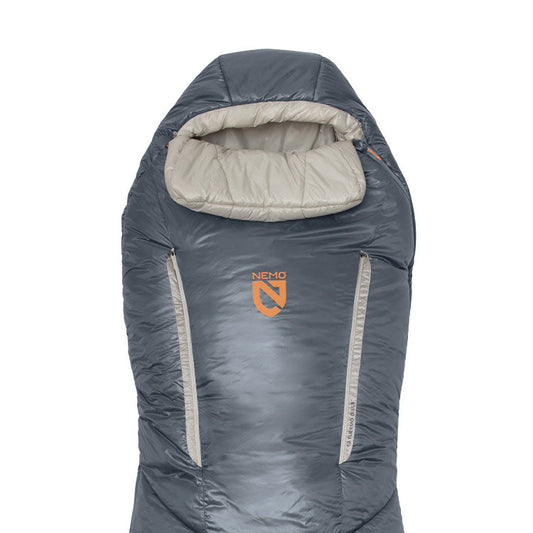 The Forte™ Endless Promise® Men's Synthetic Sleeping Bag by NEMO Equipment is gray with a hood and two vertical zippers, featuring the NEMO logo—ideal for backcountry adventures.