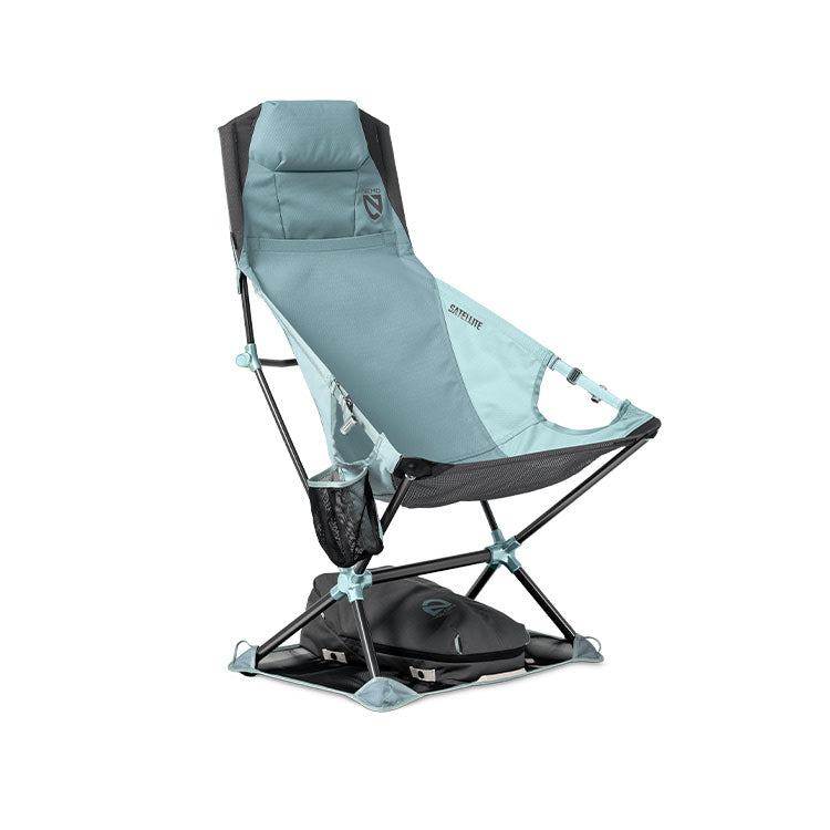 The NEMO Equipment Satellite™ Reclining Anywhere Chair, shown on a white background, is a light blue and black portable chair with a high back, cup holder, folding frame, and full-body support.