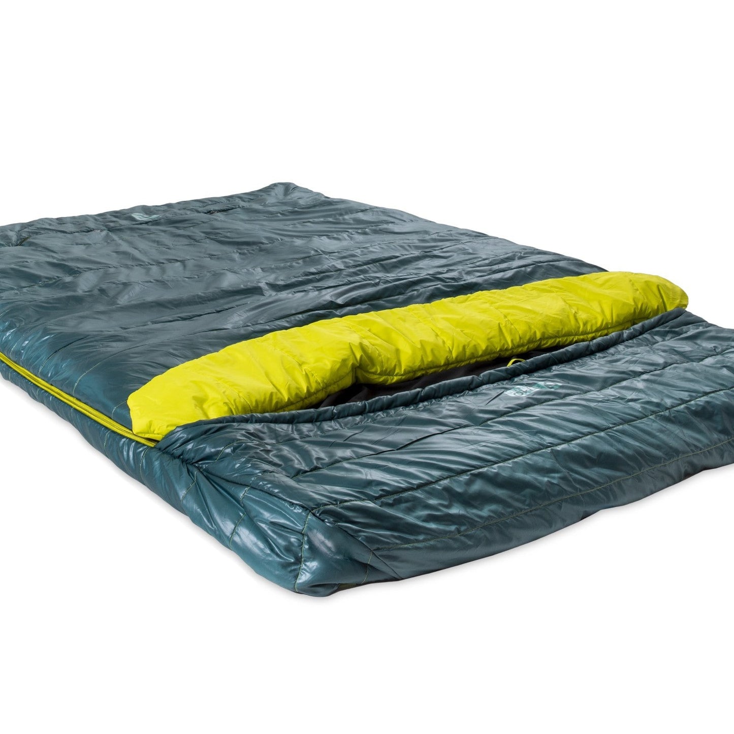 The NEMO Equipment Jazz™ Double Synthetic Sleeping Bag in dark teal with a bright yellow interior, partially unzipped on a white background, provides insulated quilted comfort for cozy outdoor adventures.