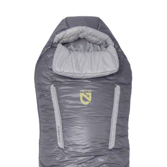 The NEMO Equipment Forte™ Endless Promise® Women's Synthetic Sleeping Bag is a gray and light gray 3-season bag with a hood, two front zippers, and the NEMO logo on the chest.