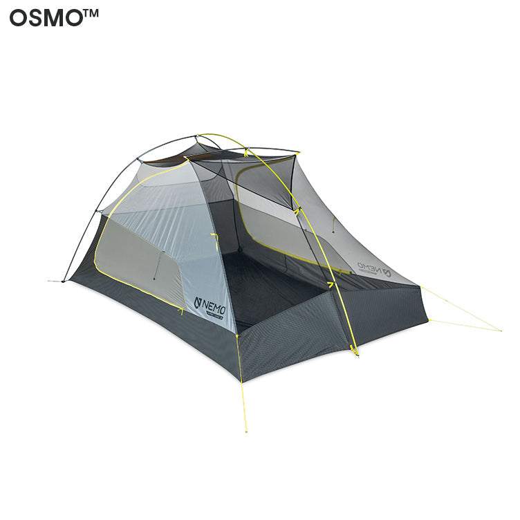 The NEMO Equipment Hornet OSMO™ Ultralight Backpacking Tent, a freestanding gray and yellow tent with mesh panels, is pitched and viewed from an angle against a white background.