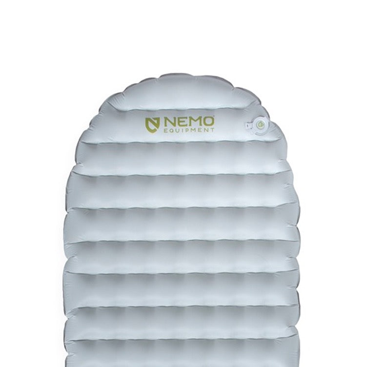 Top view of a gray NEMO Equipment Tensor™ Elite Ultralight Insulated Sleeping Pad with horizontal air chambers, "NEMO Equipment" logo, and a valve in the upper right corner.