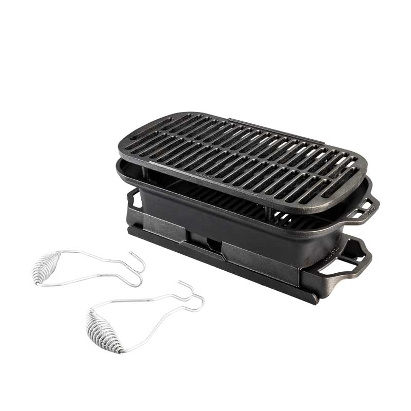 Black rectangular grill with a coiled hook and carry handles.