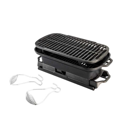 Black rectangular grill with a coiled hook and carry handles.