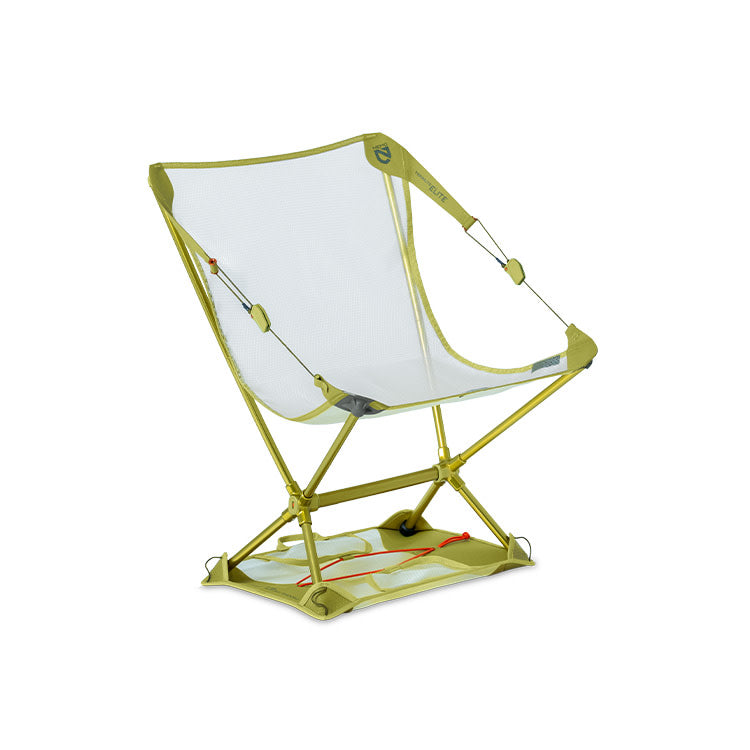 The NEMO Equipment Moonlite™ Elite Reclining Backpacking Chair features a mesh seat and yellow frame, set on a square base against a white background. Lightweight and portable, it's perfect for camping.
