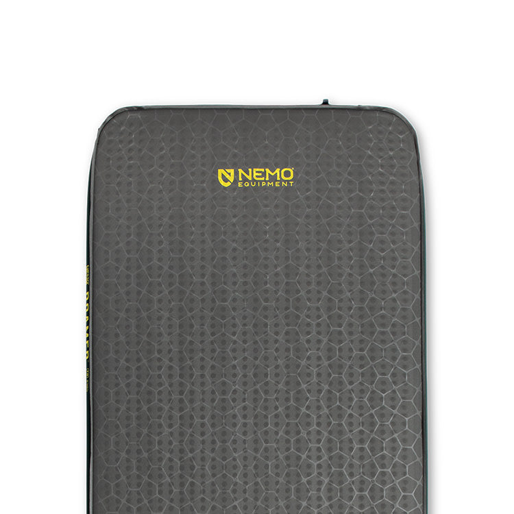 Gray rectangular Roamer™ Self-Inflating Mattress by NEMO Equipment featuring a honeycomb pattern and yellow "NEMO Equipment" logo at the top center, shown on a white background.