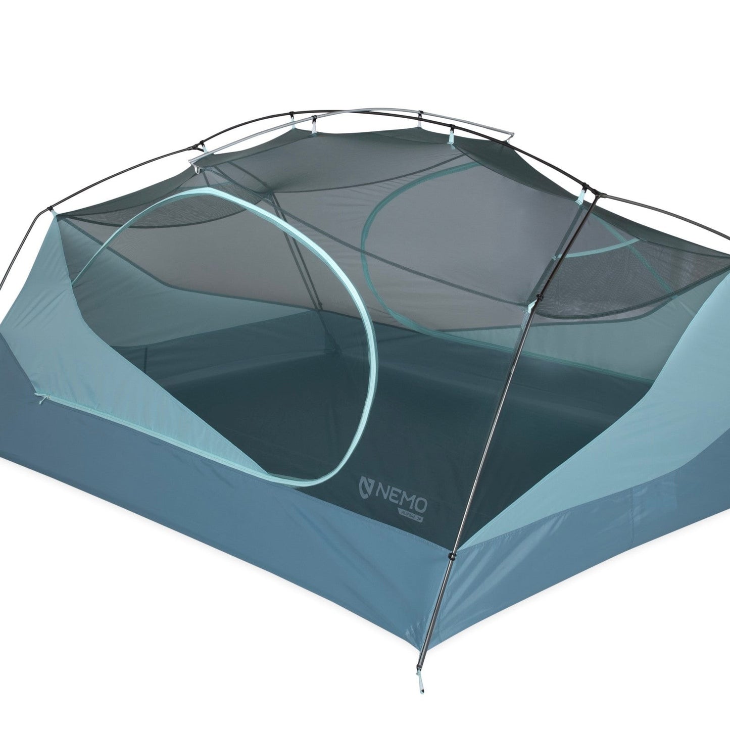The Aurora™ Backpacking Tent & Footprint by NEMO Equipment is a blue and gray dome-style tent with mesh upper panels, one side door, and a "NEMO" logo on the lower side.