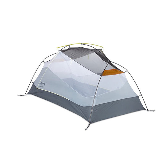 The NEMO Equipment Dagger OSMO™ Lightweight Backpacking Tent, with mesh sides, a grey rainfly, and yellow accents, crafted from durable OSMO fabric, is set up and displayed on a white background.
