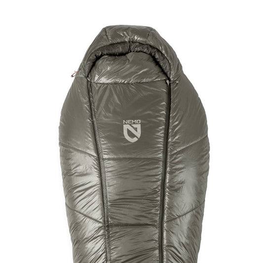 The Soul™ Endless Promise® Synthetic Mummy Sleeping Bag by NEMO Equipment is gray with a hood and features the NEMO logo on the chest, shown against a white background.