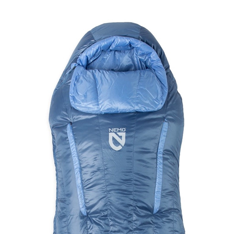 The NEMO Equipment Disco™ Women's Endless Promise® Down Sleeping Bag features a hooded top and front logo, ideal as lightweight camping gear for side sleepers.