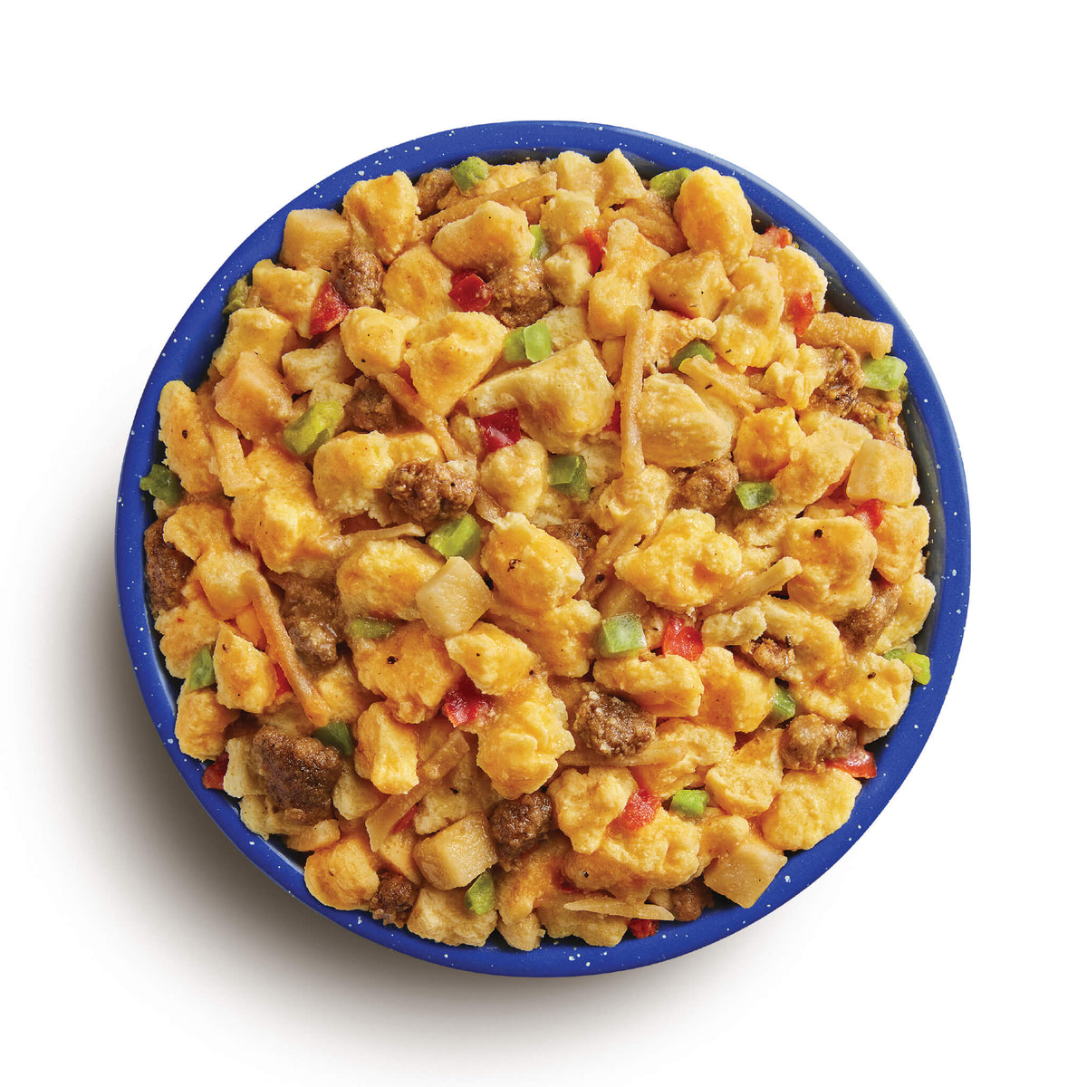 Blue bowl of Chorizo Breakfast Scramble on a white background