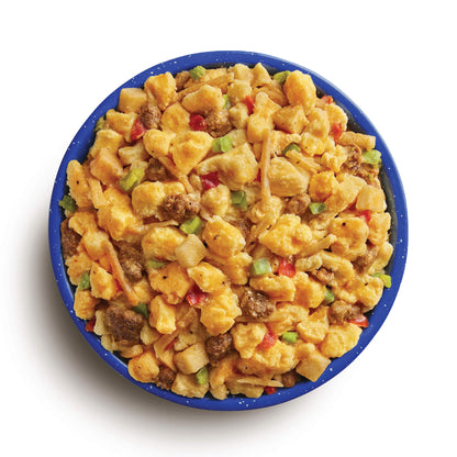 Blue bowl of Chorizo Breakfast Scramble on a white background