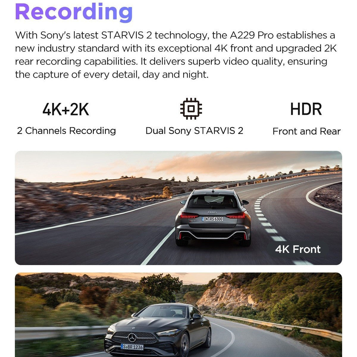 VIOFO A229 Pro 2CH Front and Rear 4K+2K HDR Dual Dash Cam with Sony STARVIS 2 Sensors Super Night Vision Voice Control - Viofo - official