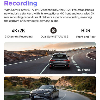 VIOFO A229 Pro 2CH Front and Rear 4K+2K HDR Dual Dash Cam with Sony STARVIS 2 Sensors Super Night Vision Voice Control - Viofo - official