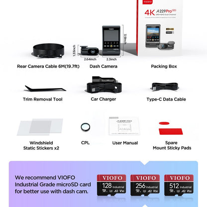 VIOFO A229 Pro 2CH Front and Rear 4K+2K HDR Dual Dash Cam with Sony STARVIS 2 Sensors Super Night Vision Voice Control - Viofo - official