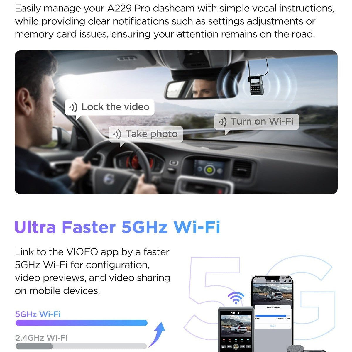 VIOFO A229 Pro 2CH Front and Rear 4K+2K HDR Dual Dash Cam with Sony STARVIS 2 Sensors Super Night Vision Voice Control - Viofo - official