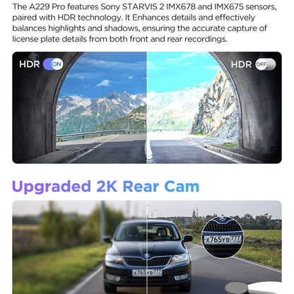 VIOFO A229 Pro 2CH Front and Rear 4K+2K HDR Dual Dash Cam with Sony STARVIS 2 Sensors Super Night Vision Voice Control - Viofo - official