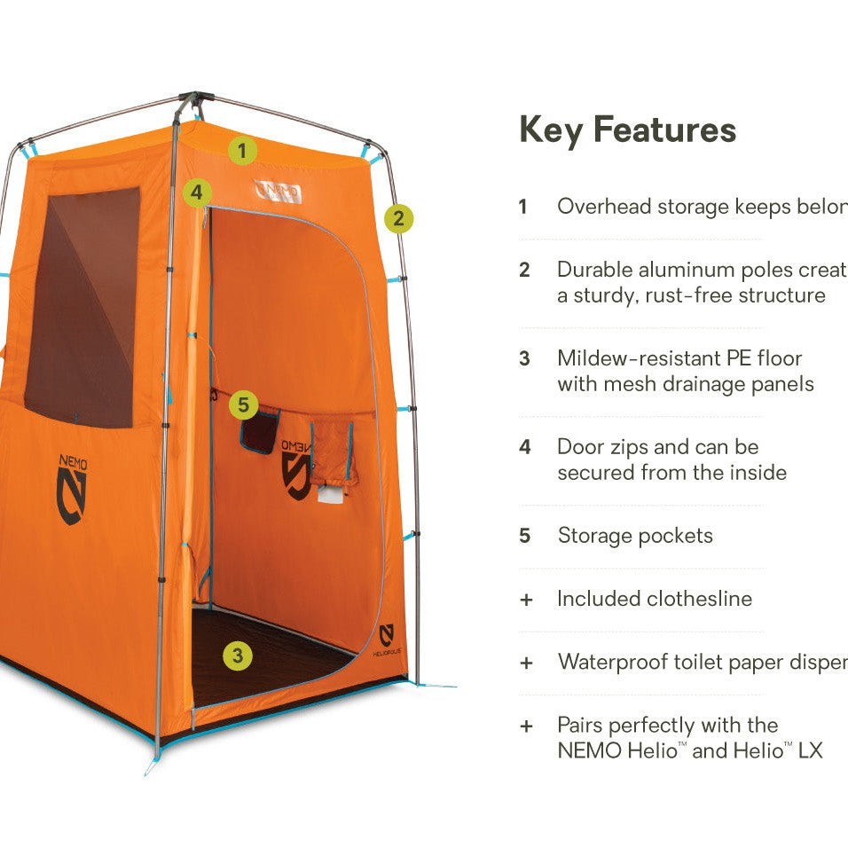 The NEMO Equipment Heliopolis™ Privacy Shelter & Shower Tent is an orange, portable tent with a window and door, featuring storage, a clothesline, waterproof toilet paper dispenser—ideal for use with Helio portable showers. Key features are listed to the right.