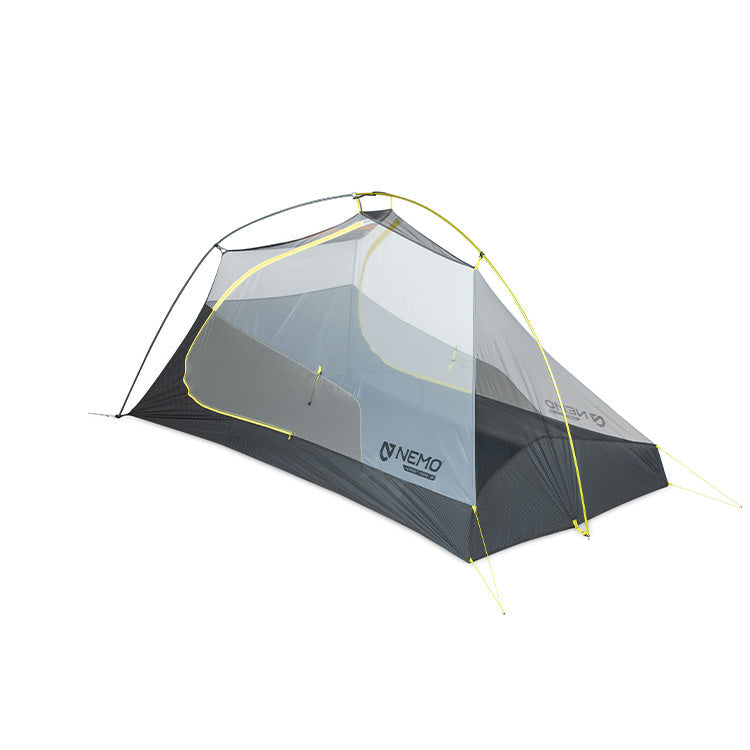The NEMO Equipment Hornet OSMO™ Ultralight Backpacking Tent for two, in gray and yellow, has a single pole structure and mesh panels, shown set up on a white background.