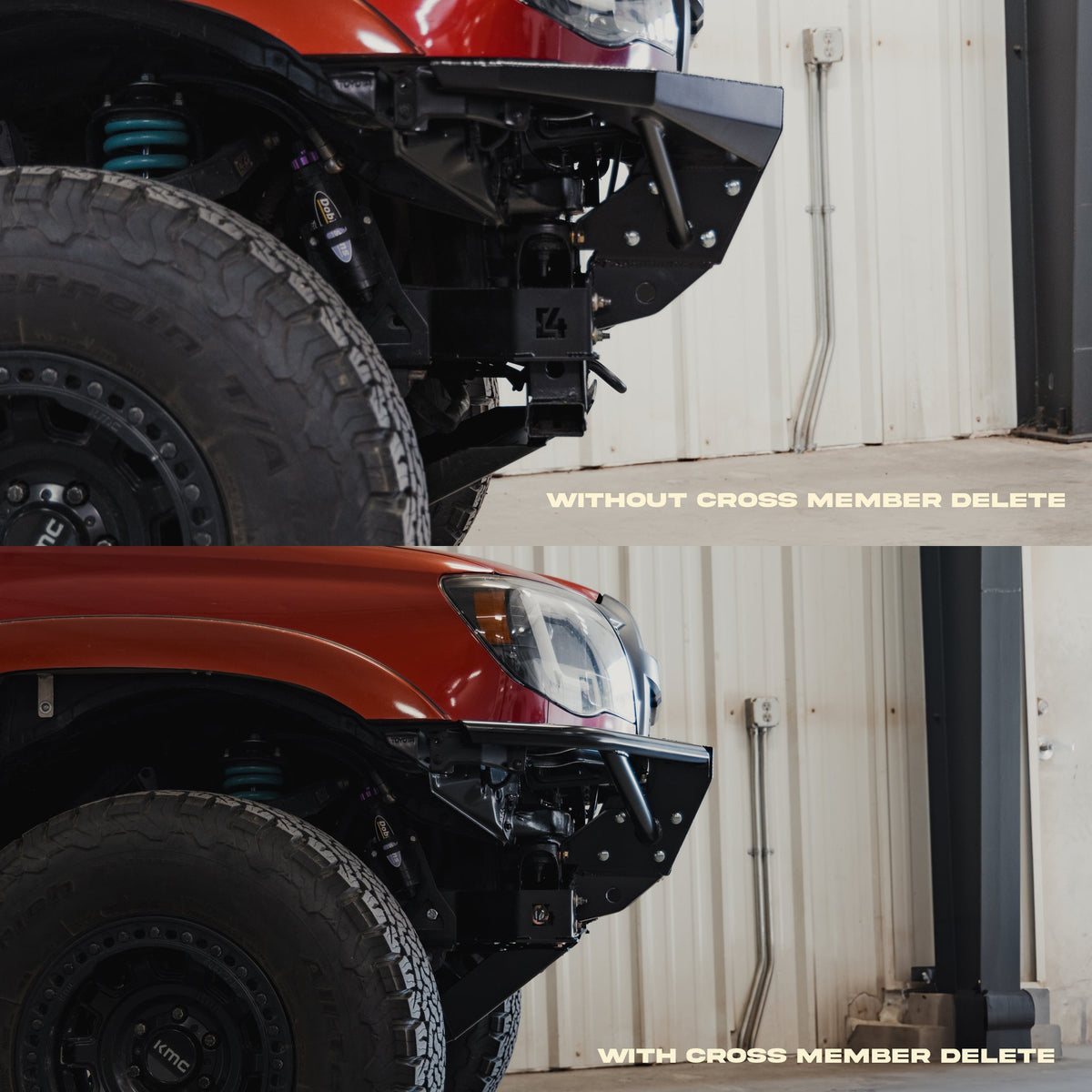 Compilation view of a Tacoma with the C4 Rock Runner bumper and standard front skid plate versus one with the Rock Runner Skid Plate with Crossmember Delete – a drastic difference in front approach angle and ground clearance forward of the front axle.