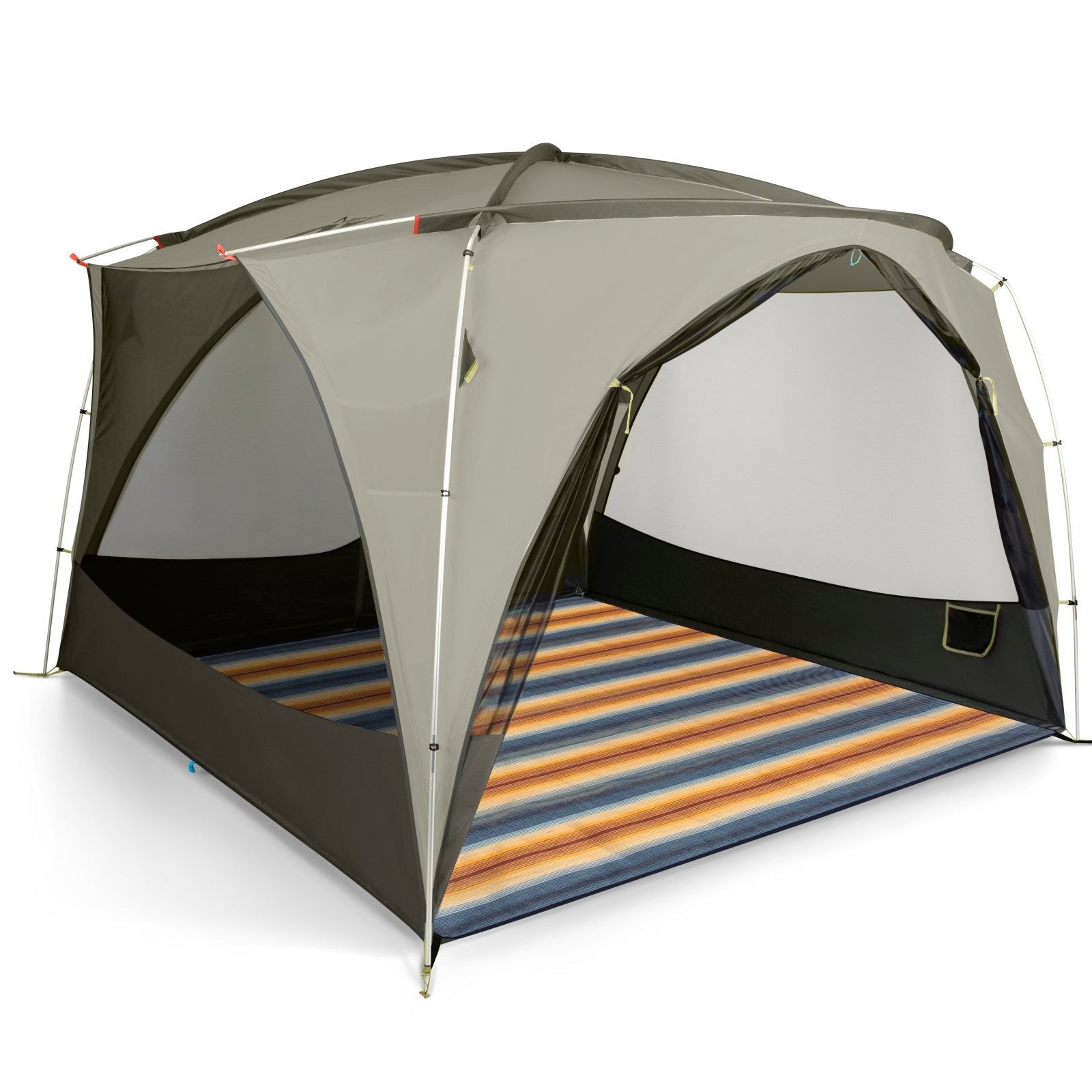 The NEMO Equipment Victory™ Screenhouse Camp Shelter, a dome-shaped tent with open sides, stands on a striped multicolored mat against a plain white background.