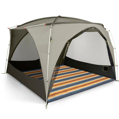 The NEMO Equipment Victory™ Screenhouse Camp Shelter, a dome-shaped tent with open sides, stands on a striped multicolored mat against a plain white background.
