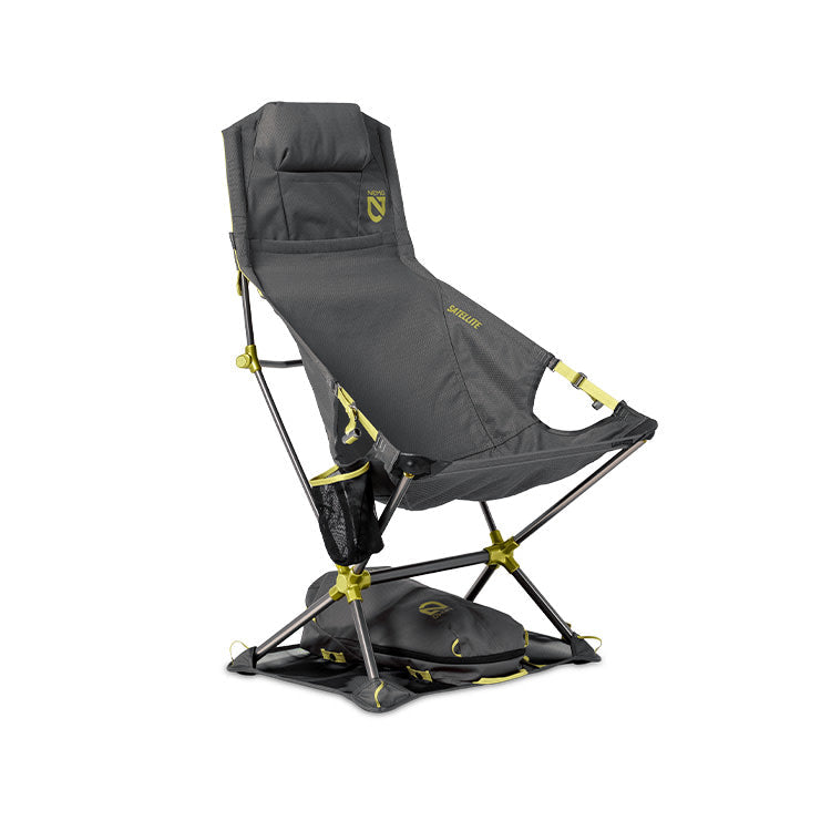 The NEMO Equipment Satellite™ Reclining Anywhere Chair in gray with yellow accents delivers full-body support with a headrest, cup holder, reinforced frame, and black base—ideal as a lightweight portable chair for camping.
