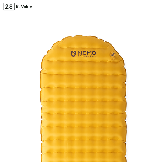 The NEMO Equipment Tensor™ Trail Ultralight Insulated Sleeping Pad in yellow, with a 2.8 R-value and Spaceframe baffle design, is shown against a white background.
