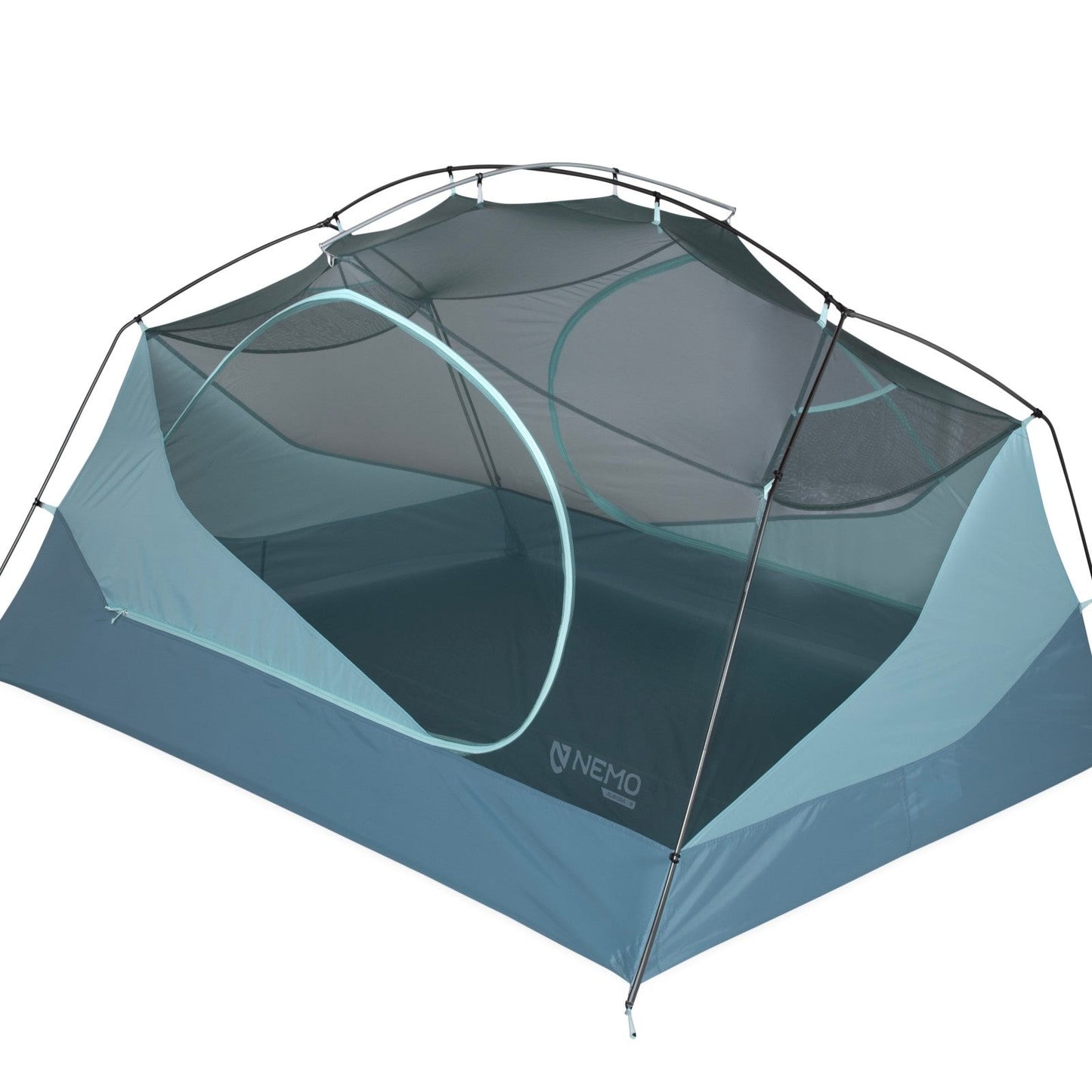 The NEMO Equipment Aurora™ Backpacking Tent & Footprint is a blue and grey, two-person dome tent with mesh sides for ventilation—shown without the rainfly—making it a sustainable choice for your next outdoor adventure.