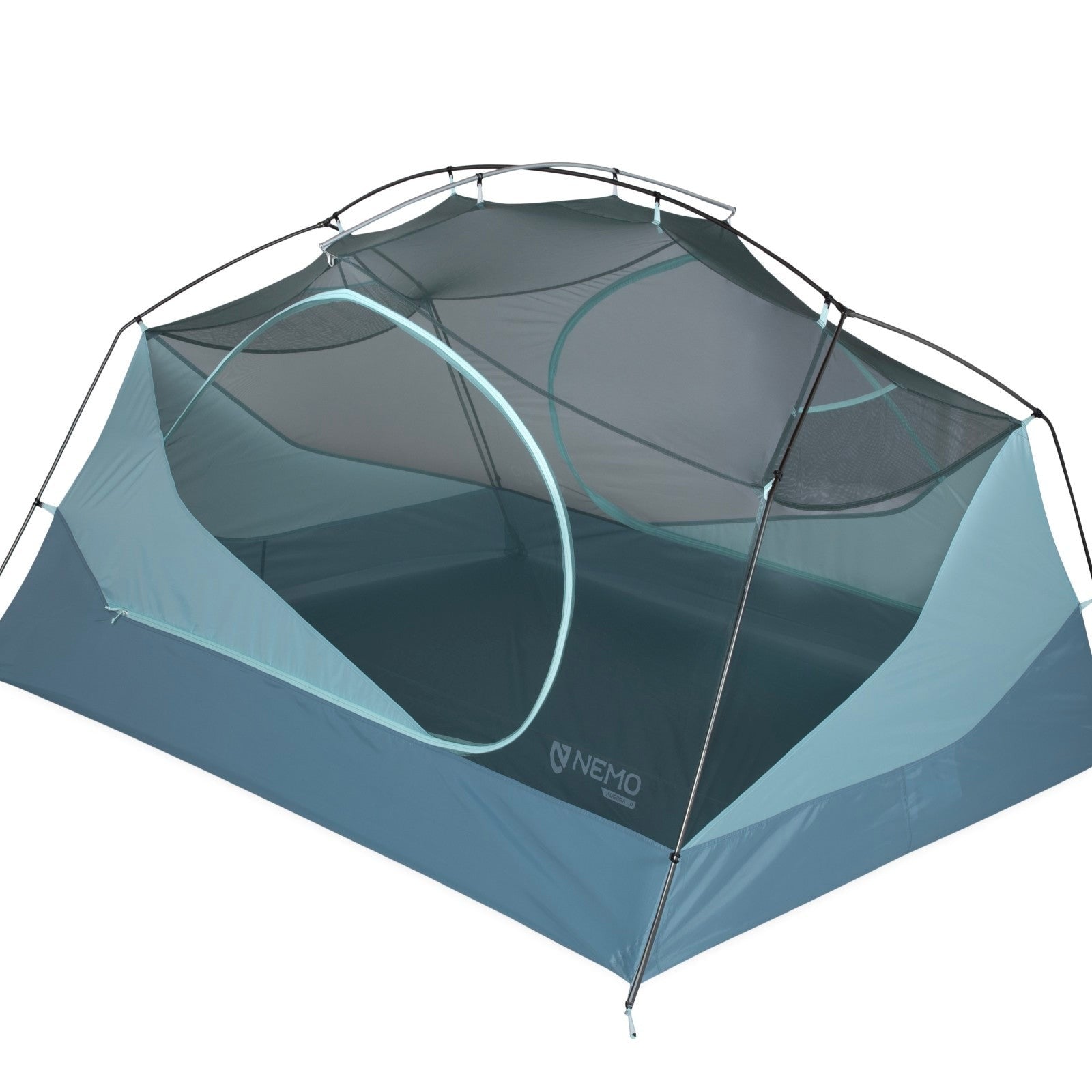 The NEMO Equipment Aurora™ Backpacking Tent & Footprint is a blue and grey, two-person dome tent with mesh sides for ventilation—shown without the rainfly—making it a sustainable choice for your next outdoor adventure.