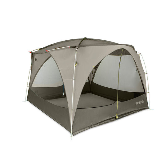 The NEMO Equipment Victory™ Screenhouse Camp Shelter is a spacious, freestanding gray tent with mesh windows and a domed roof for excellent rain protection, shown on a plain white background.