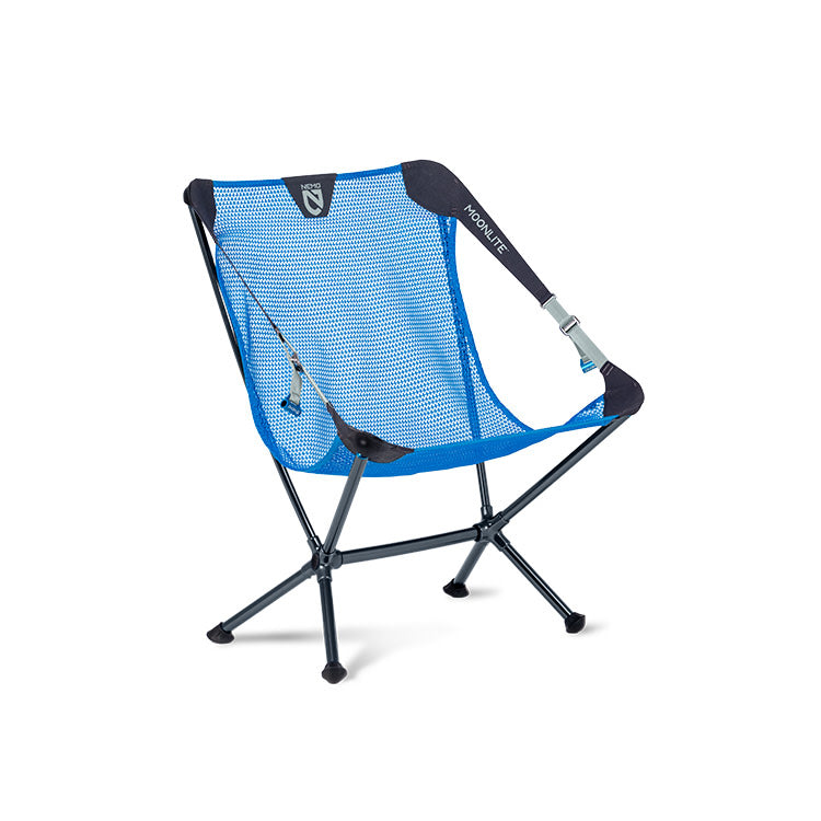 The NEMO Equipment Moonlite™ Reclining Camp Chair, a collapsible blue mesh seat with black metal legs and arm supports, is lightweight and shown against a white background.